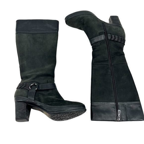 Clarks Artisan Active Air Black Leather Tall Knee High harness Heel Boots sz 8.5 - Picture 1 of 12